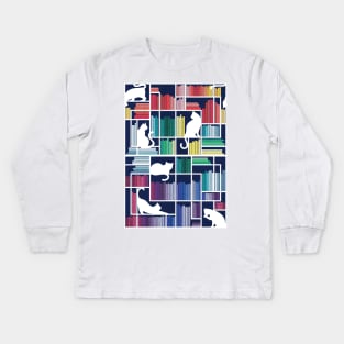 Rainbow bookshelf // navy blue background white shelf and library cats Kids Long Sleeve T-Shirt